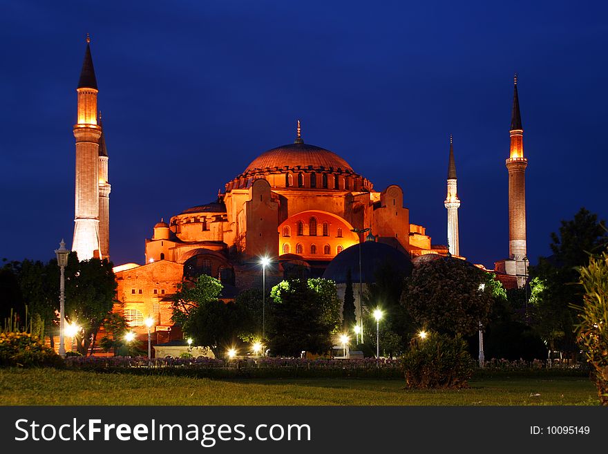 Sophia cathedral by night in Istanbul, Turkey