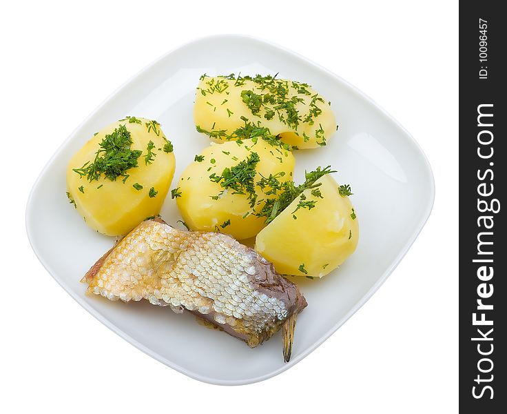 Plate Of Potato With Fish Isolated On White