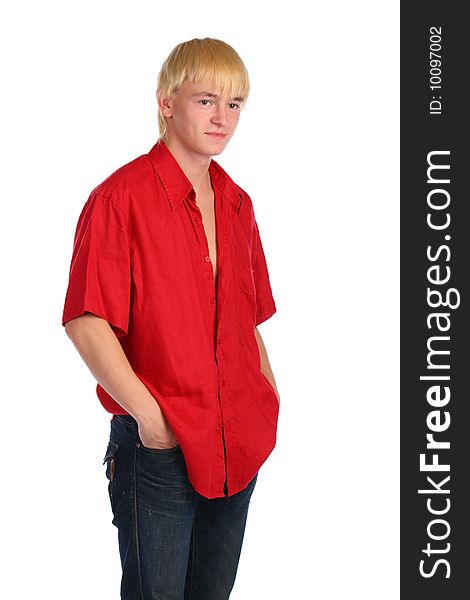 Young blonde man in red shirt posing