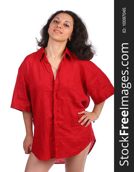 Curly-headed girl in red male shirt posing