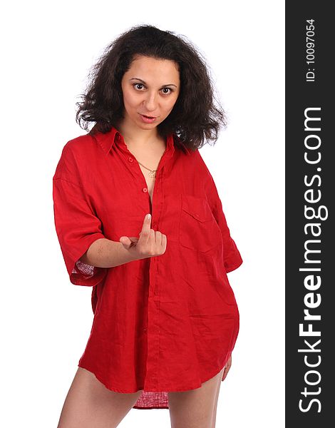 Brunet curly-headed girl in red male shirt beckon. Isolated.