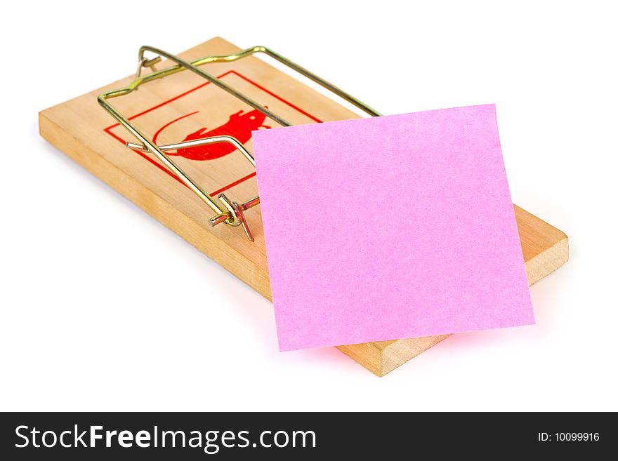 Mousetrap and blank paper isolated on white background