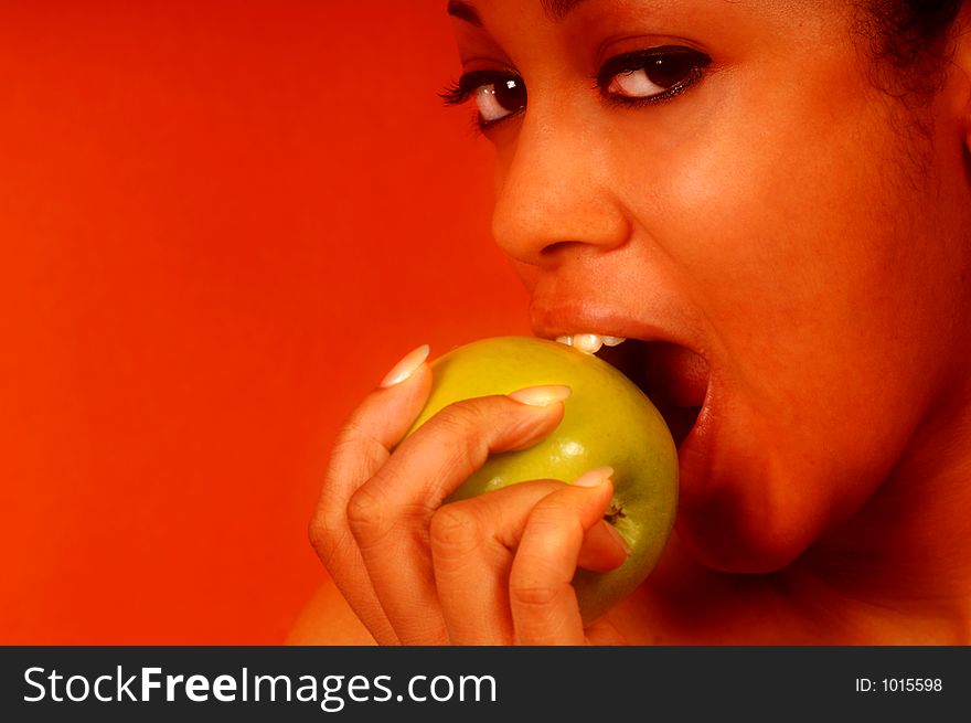 Woman enjoys Apple. Woman enjoys Apple