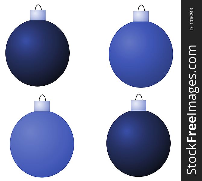 An illustration of four blue christmas ornaments on white background