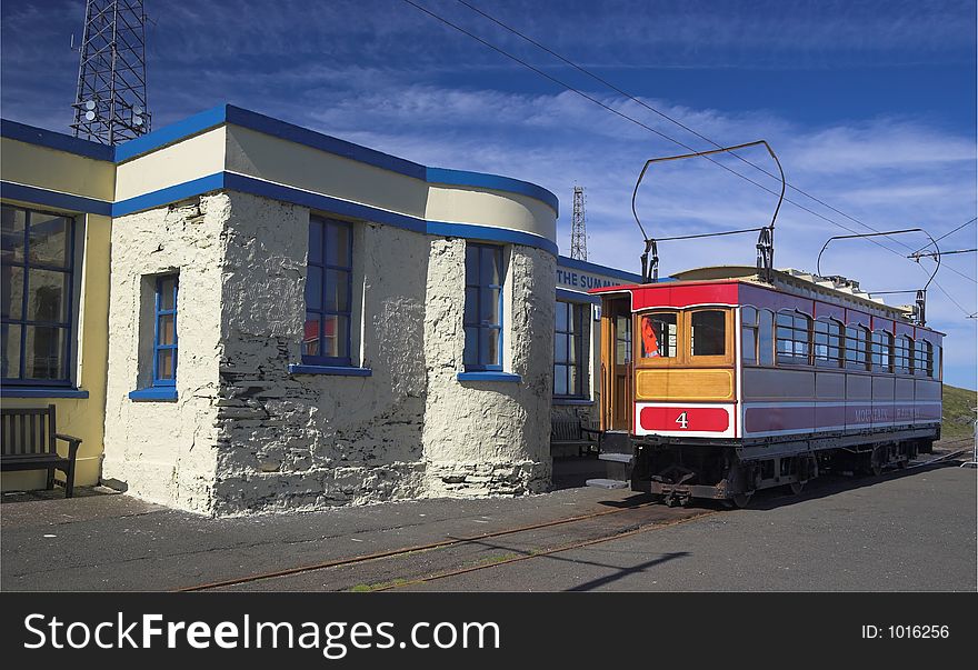 Snaefell mountail railway station and train. Snaefell mountail railway station and train