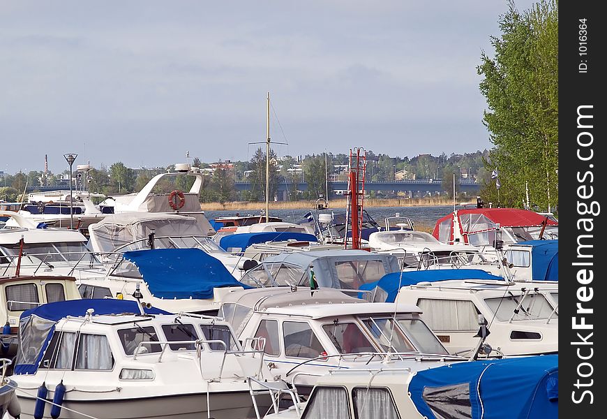 Jam of motor boats in a wharf, Helsinki