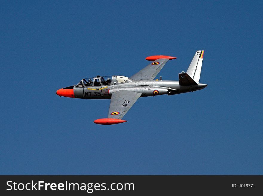 A Fouga Magister from the Belgian Airforce, used as trainer in the past. The pilots are clearly visible as well.