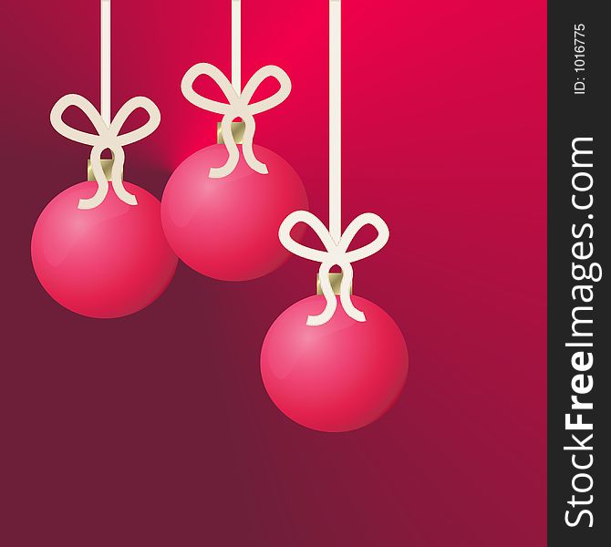 An illustration of three red hanging christmas ornaments on shaded red background. An illustration of three red hanging christmas ornaments on shaded red background