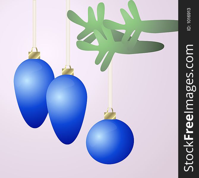 An illustration of three hanging blue christmas ornaments. An illustration of three hanging blue christmas ornaments