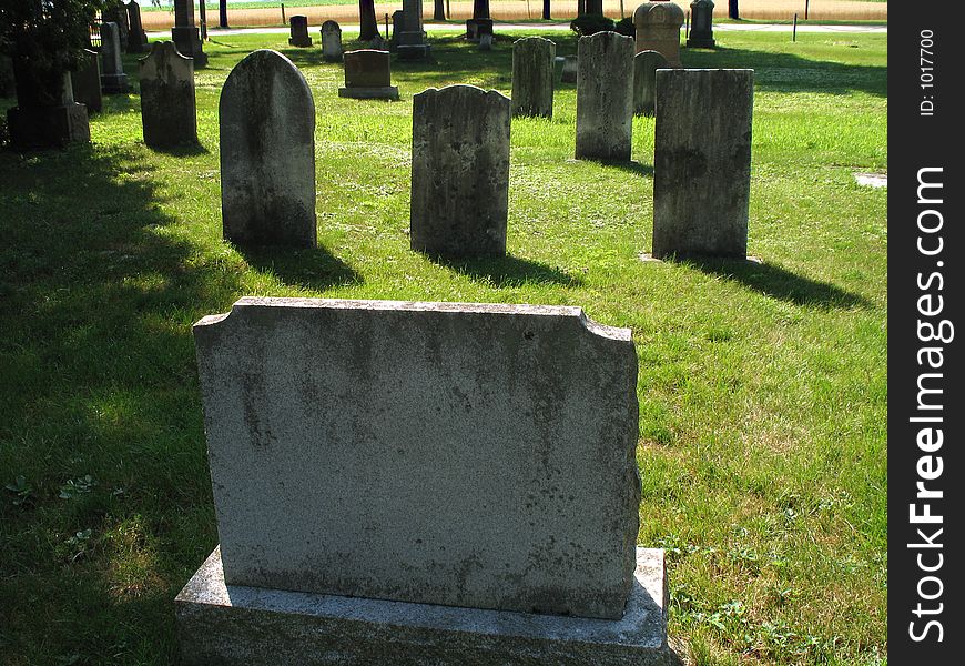 Several headstones standing in a sun-lit cemetery.