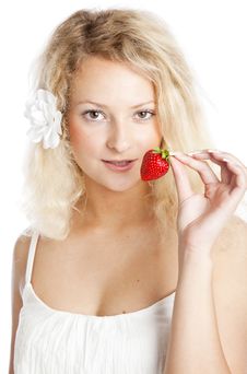 Young Woman In White Dress Eating Strawberries Stock Photo Young Woman In White Dress Eating Strawberries Stock Photo