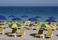 Beach With Beds And Umbrellas Stock Photography