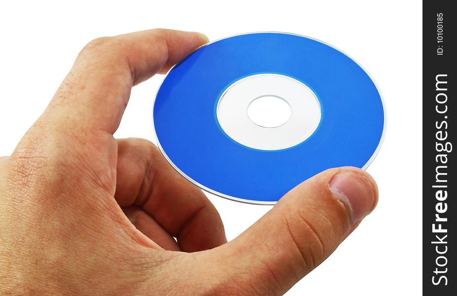 Hand holding blue mini disc on white background. Hand holding blue mini disc on white background