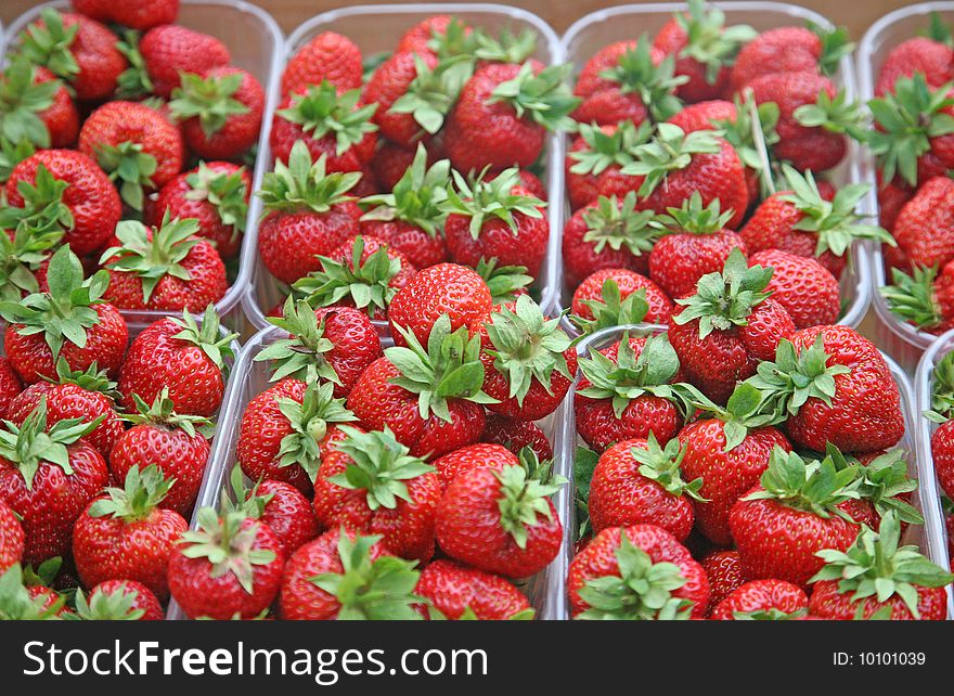 Fresh large strawberry close up in plastic trays. Fresh large strawberry close up in plastic trays