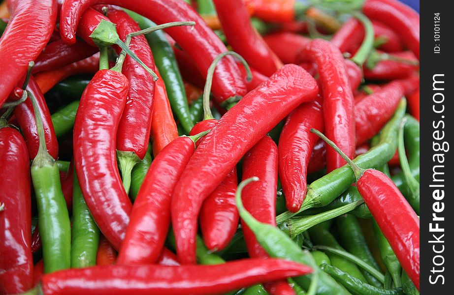 Red and green hot pepper chilly close up