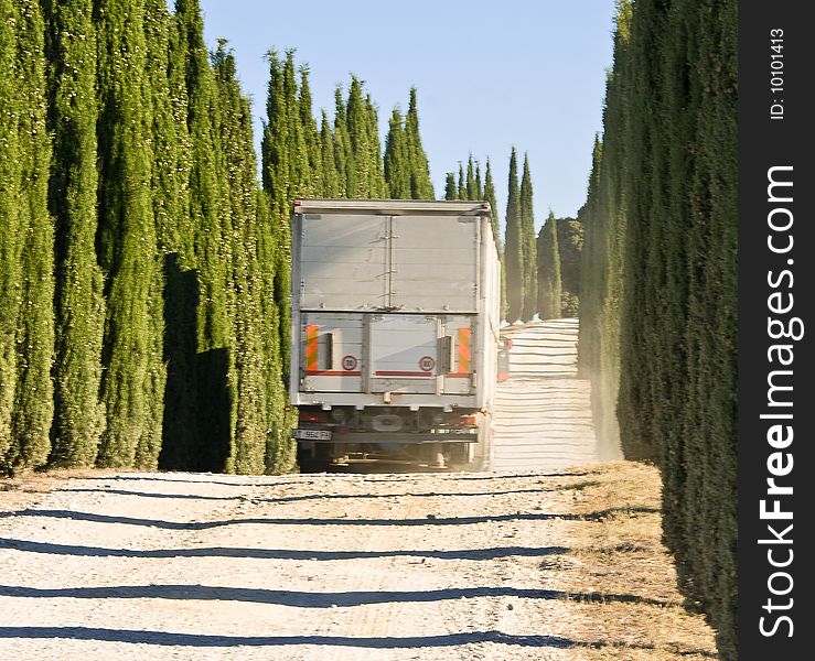 Truck moving on cypresses road. Truck moving on cypresses road