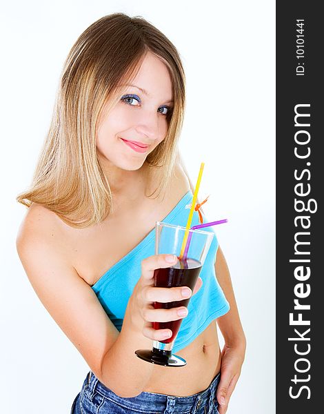 Attractive girl with glass of juice over white