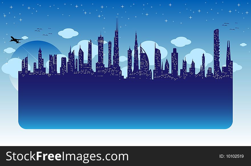 Skyscrapers on the blue background with place for your text