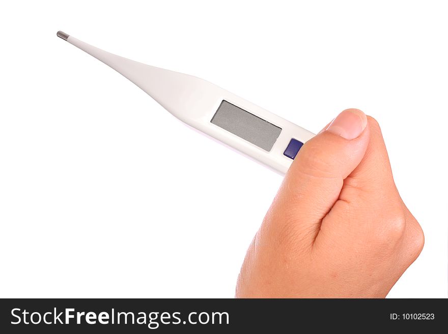 A hand holding a digital thermometer on a white background. Space for text in the litte screen. A hand holding a digital thermometer on a white background. Space for text in the litte screen.