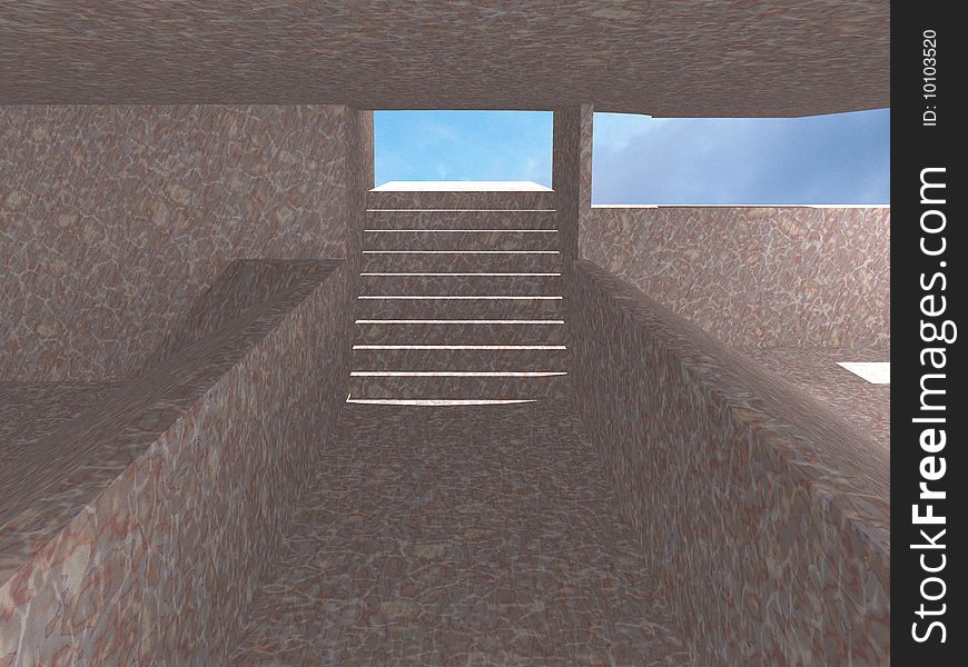 Stone stairs at the end of a stone hallway