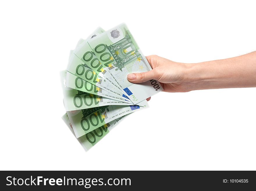 Several bills on one hundred euro in feminine hand