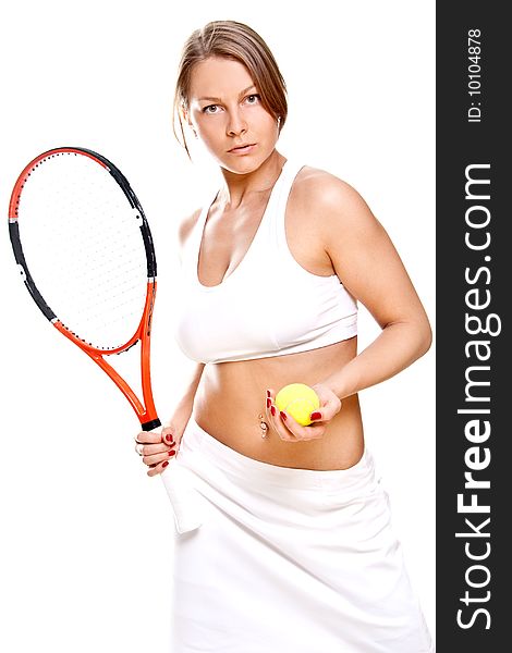 Beautiful girl with tennis racket on a white background