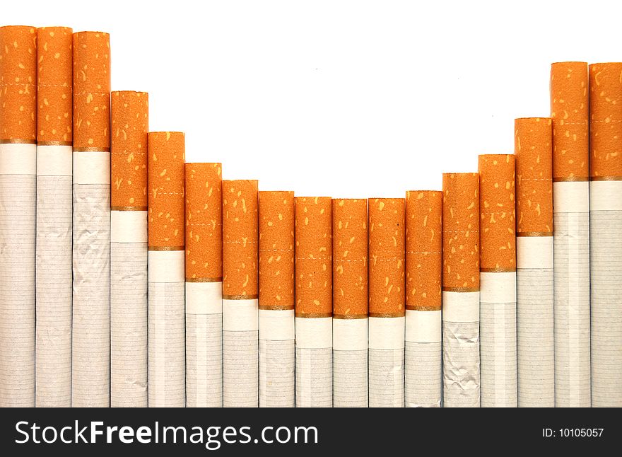 Row of cigarettes on white background