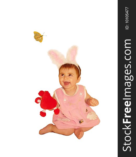 Funny baby girl with butterfly on her hand. Funny baby girl with butterfly on her hand