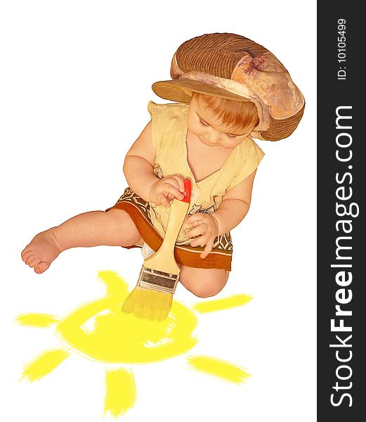 Funny baby-girl painting sun with her flush. Funny baby-girl painting sun with her flush