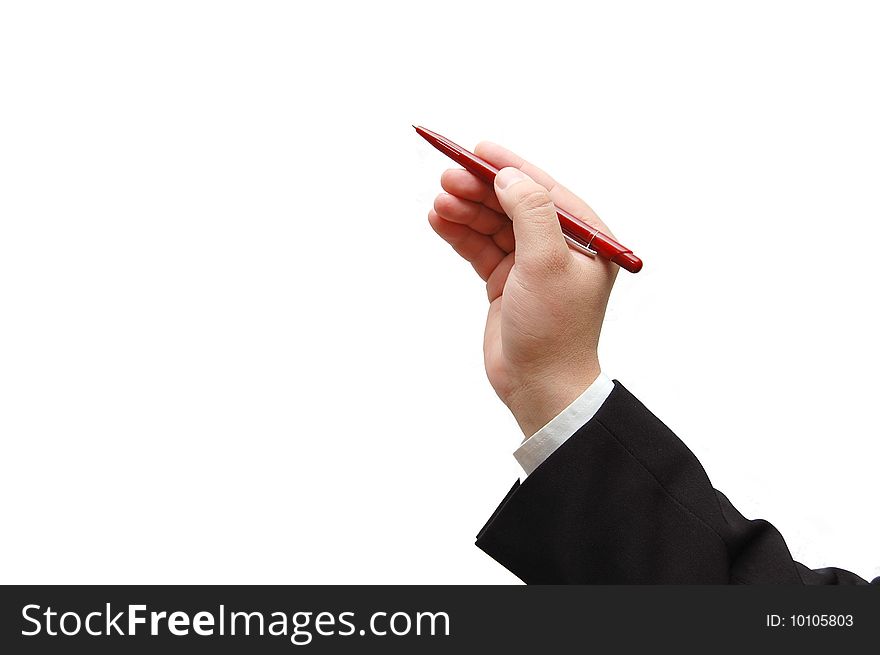 Business man hand holding pen isolated on white background