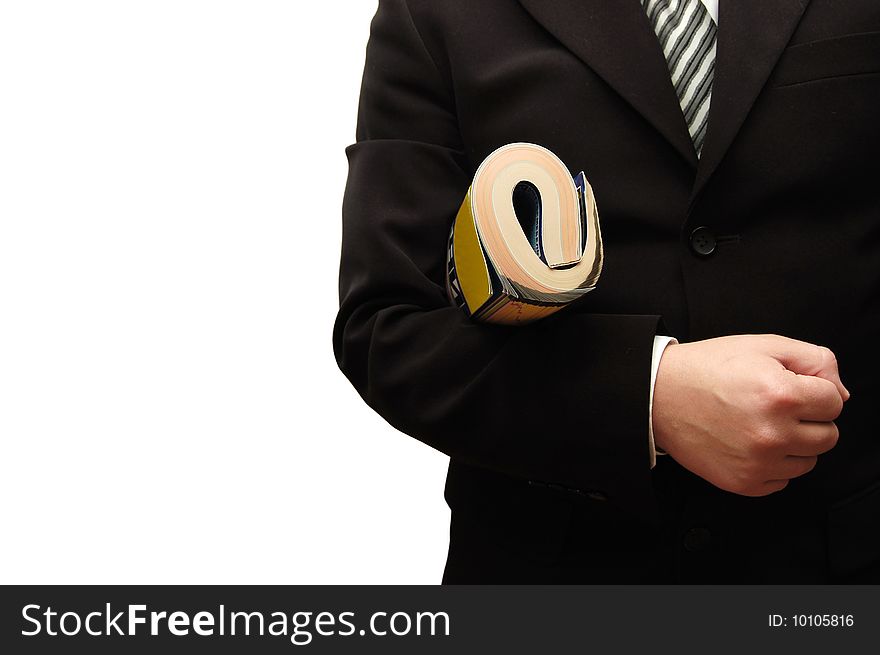 Businessman with Business magazine on white background