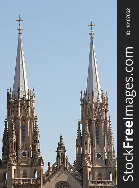 Two towers of catholic cathedral in gothic style