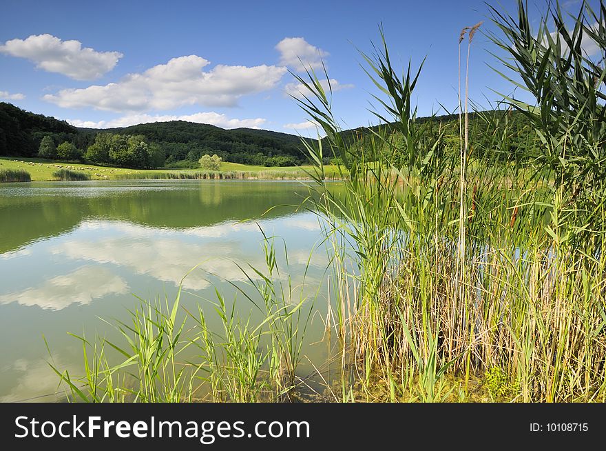 Lake in the summer season surrounded by the forested hills. Lake in the summer season surrounded by the forested hills
