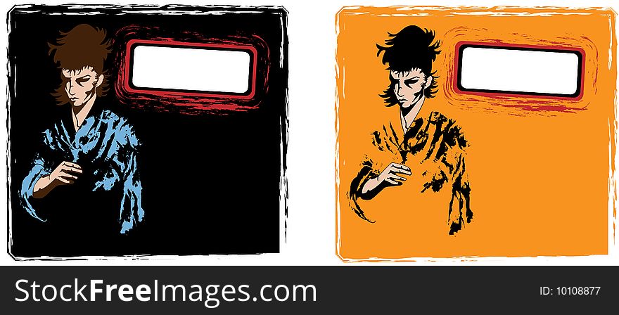 Vector set of samurai with grunge labels and background. Vector set of samurai with grunge labels and background.