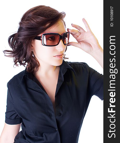 Elegant woman with sunglasses , wihite background