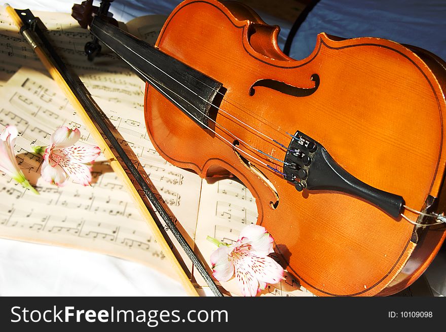 Violin on music sheet and some flowers