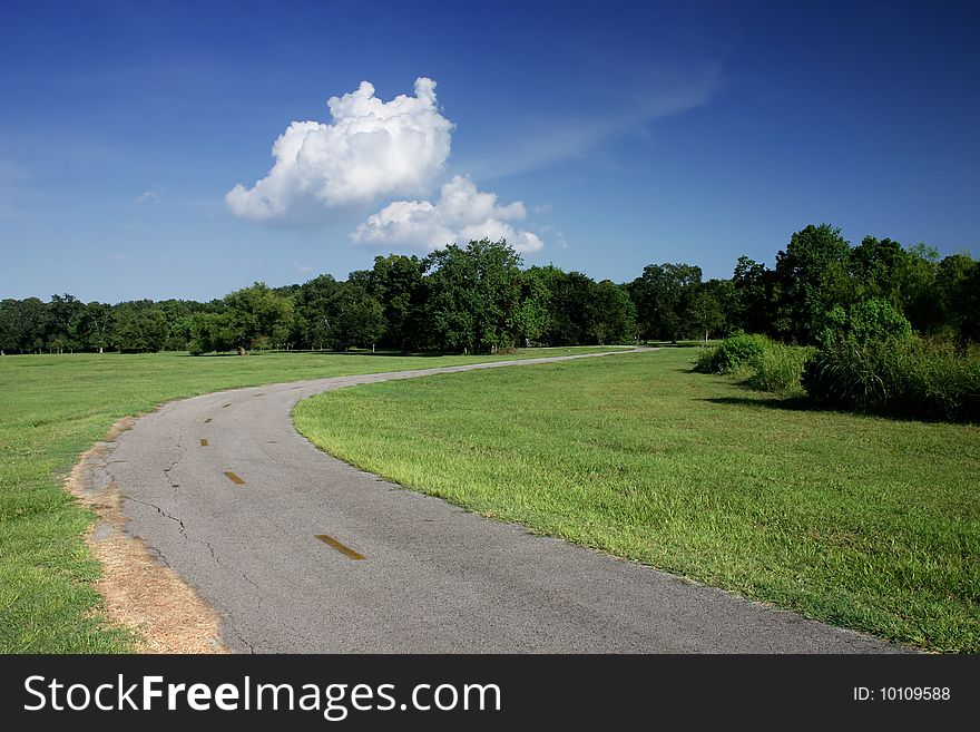 A park road in a beautiful green area with a few clouds in the blue sky