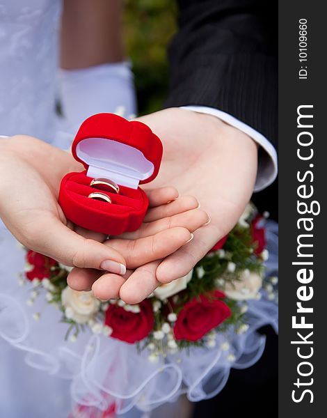 Wedding rings in hands of a newly-married couple on a background of a bouquet