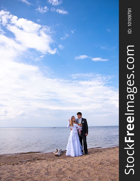 The groom and the bride on seacoast