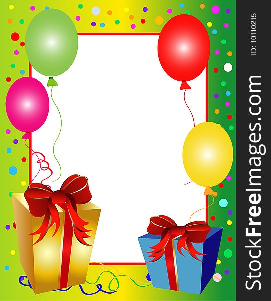 Illustration of a colorful party background with balloons and presents