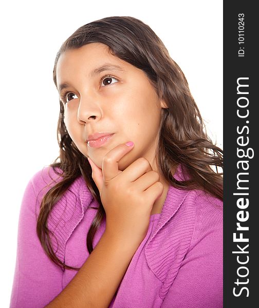 Pretty Hispanic Girl Thinking Isolated on a White Background.