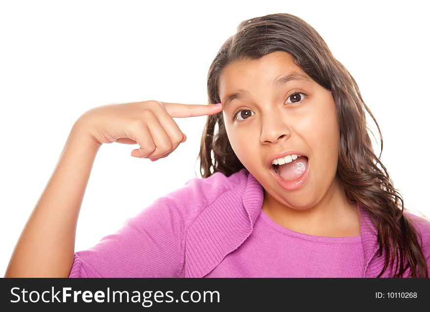 Pretty Hispanic Girl Pointing to Her Head Portrait Isolated on a White Background.