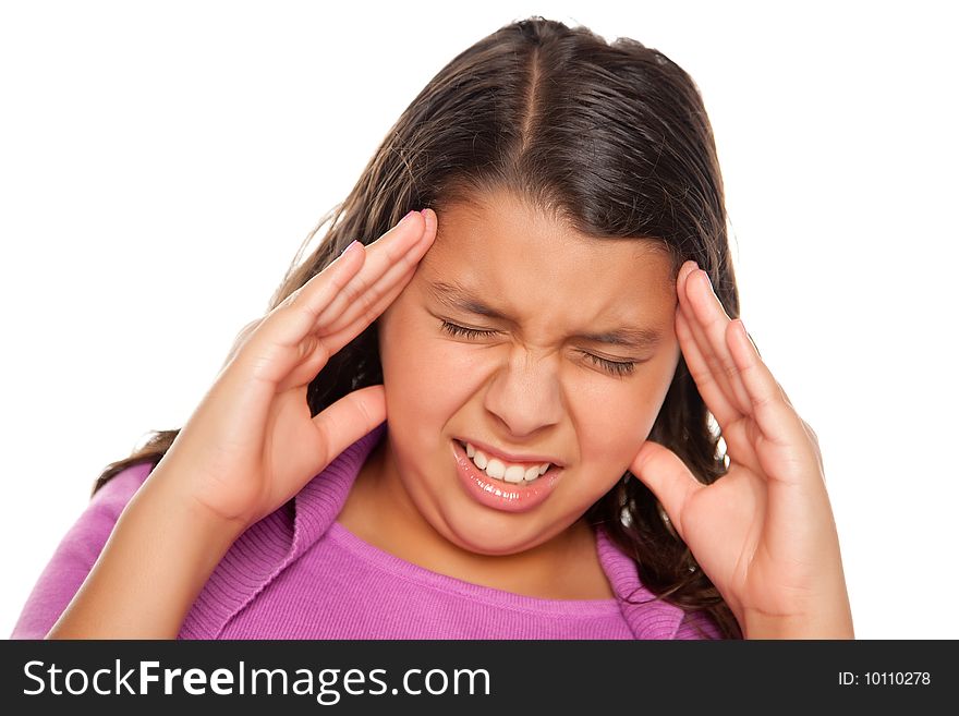 Pretty Hispanic Girl with Headache Isolated on a White Background.