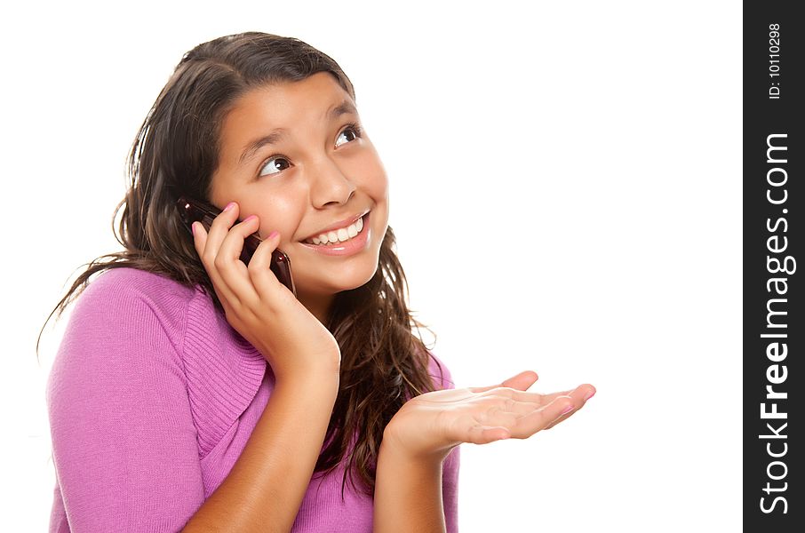 Happy Pretty Hispanic Girl On Cell Phone Isolated on a White Background.