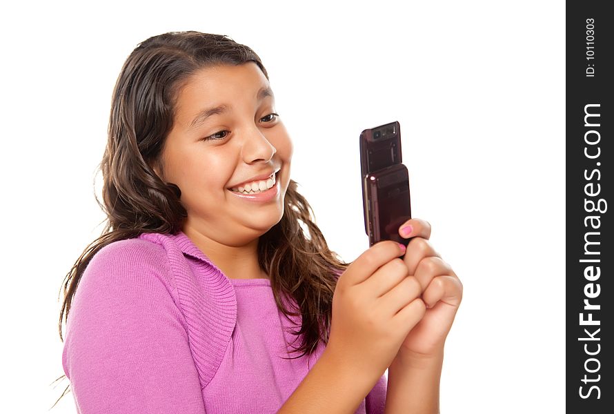 Happy Pretty Hispanic Girl On Cell Phone Isolated on a White Background.