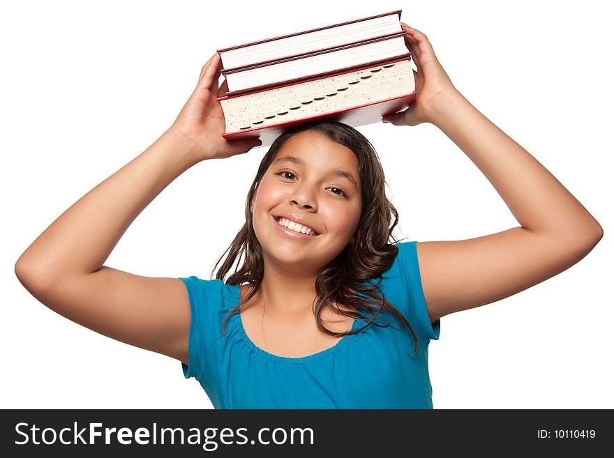 Pretty Hispanic Girl with Books on Her Head Ready for School Isolated on a White Background.