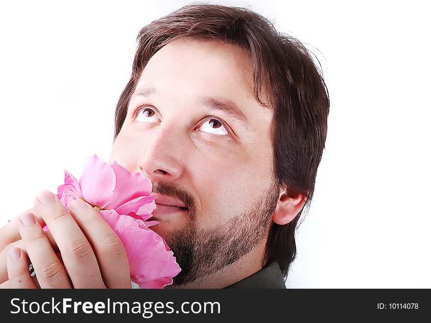 Cute Man Smeling Pink Roses
