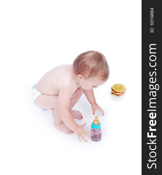 Baby Between Hamburger And Drinking Bottle