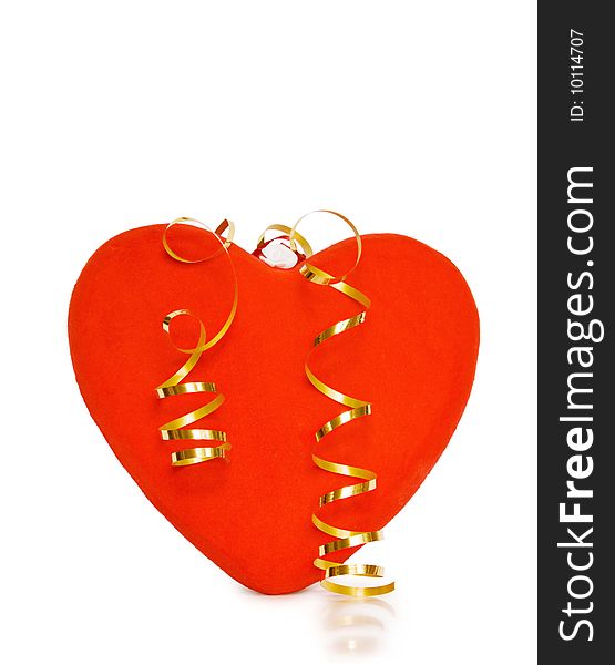 Celebrating a special day of love with red velvet heart and golden ribbons. Isolated on white. Celebrating a special day of love with red velvet heart and golden ribbons. Isolated on white.