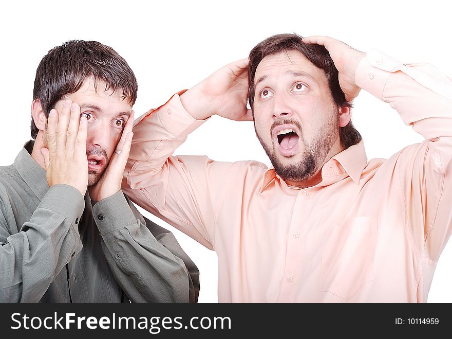 Two worried man with interesting excited faces